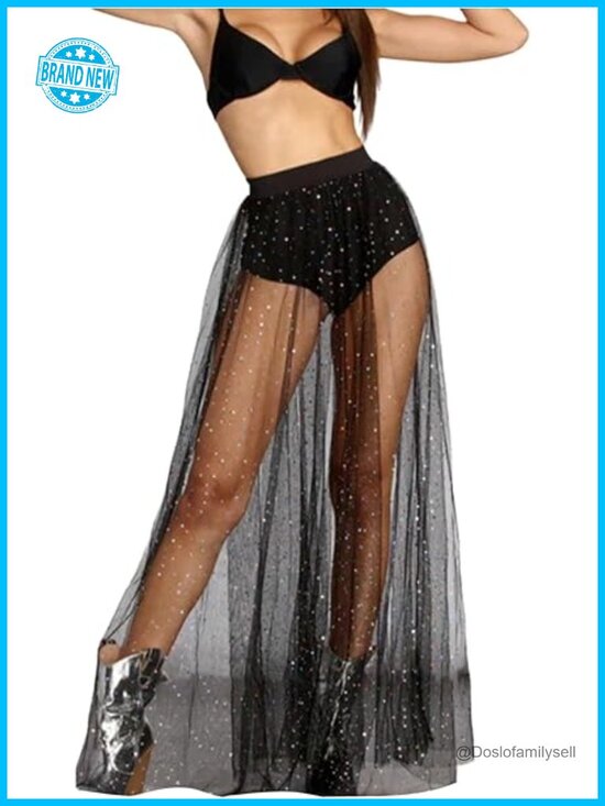 Dresses & Skirts - Sequin Tulle Sheer Maxi Skirt High Waisted Mesh Overlay Built in Short